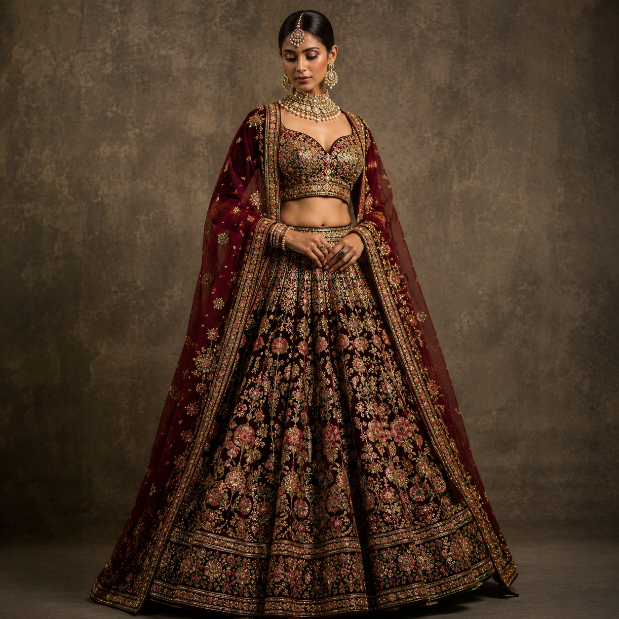 ChatGPT Image May 30, 2026, 11_48_30 PM Dark Red Sabyasachi Style Lehanga - Image 1